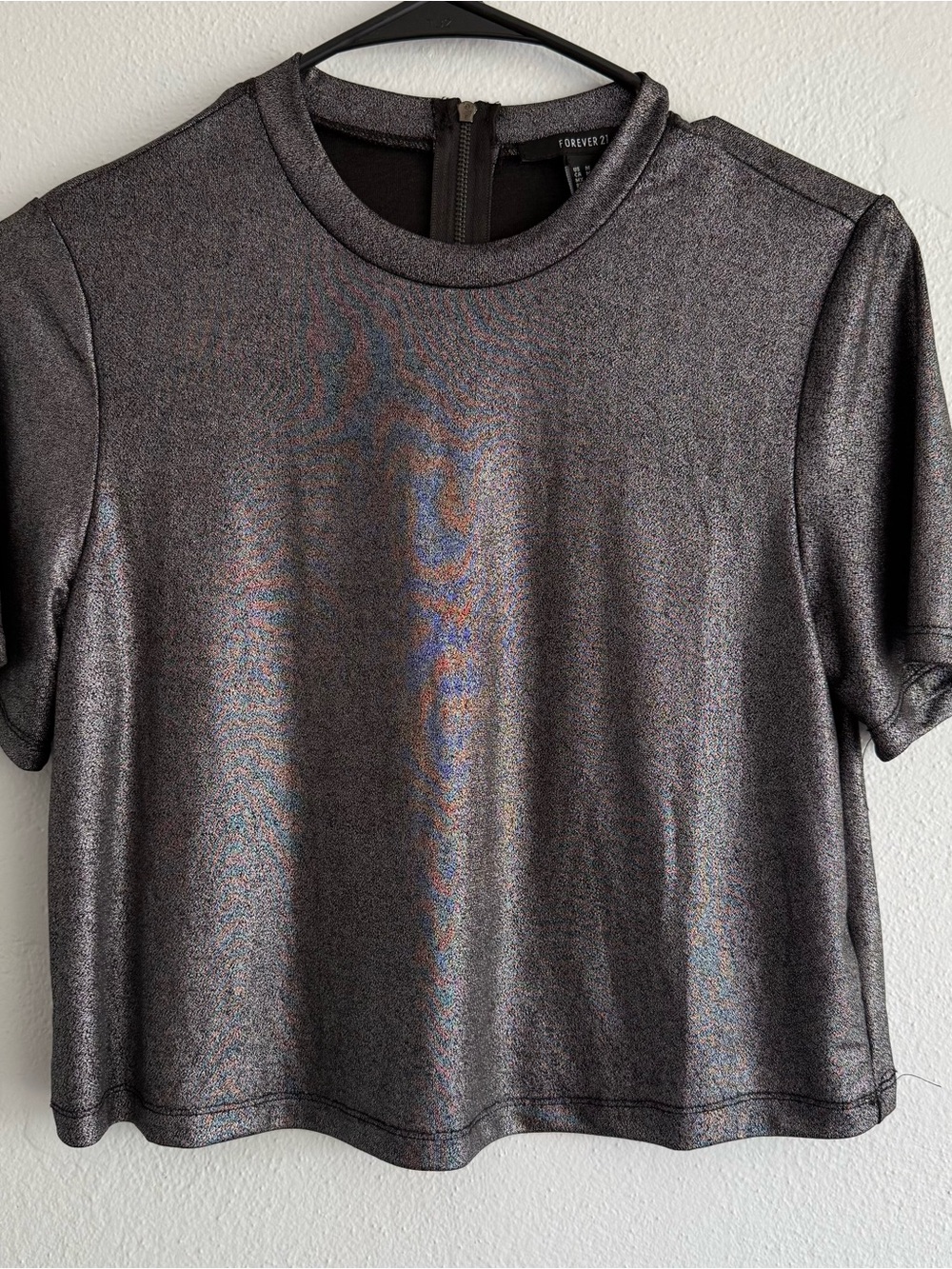 Forever 21 Metallic Black Short-Sleeve Crop Top - Size Medium